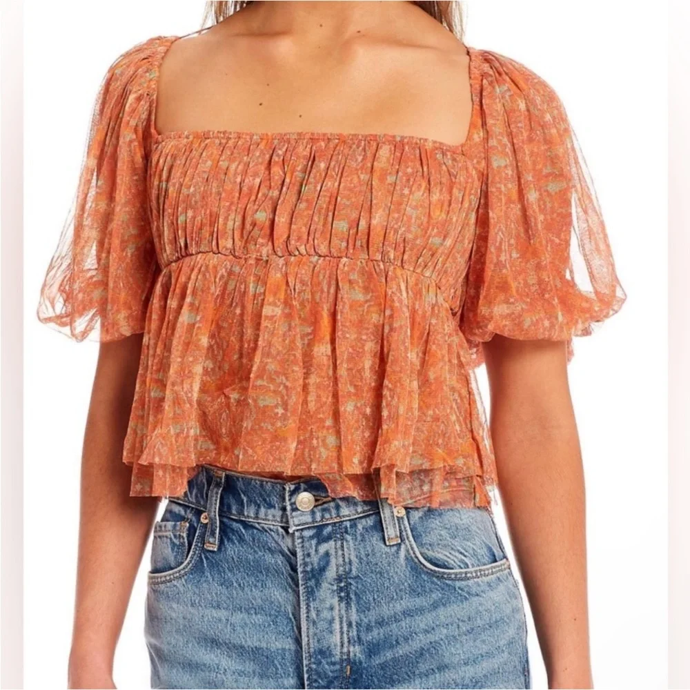 NWT Free People Babydoll Penelope Blouse Women S Peach Floral Short Sleeves Crop